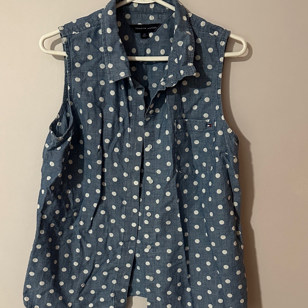 Tommy Hilfiger Blue and White Polka Dot‎ Sleeveless Shirt